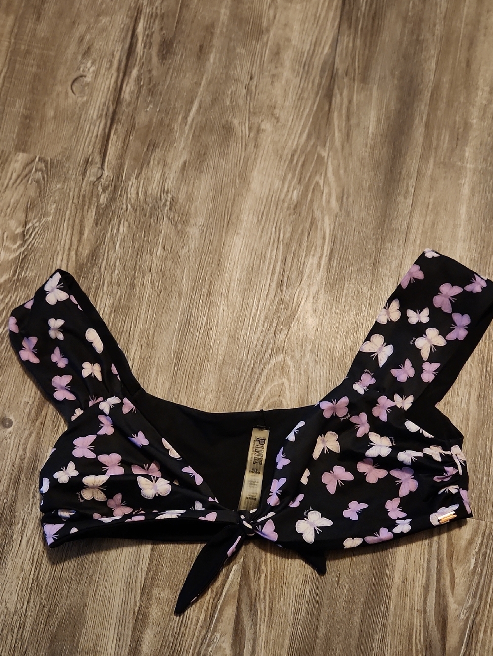PINK Victoria's Secret Black Bikini Top with Purple Butterfly Print